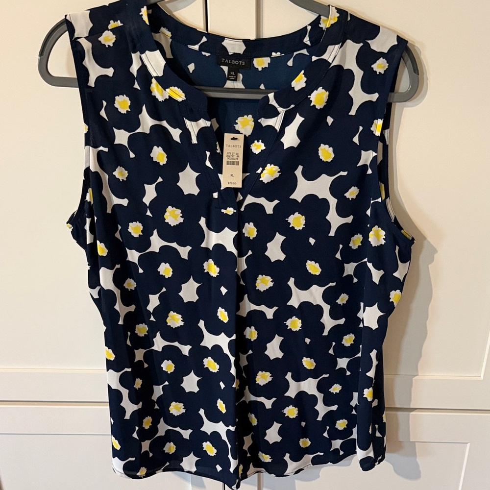 NWT Talbots Navy White and Yellow Floral Sleeveless Blouse